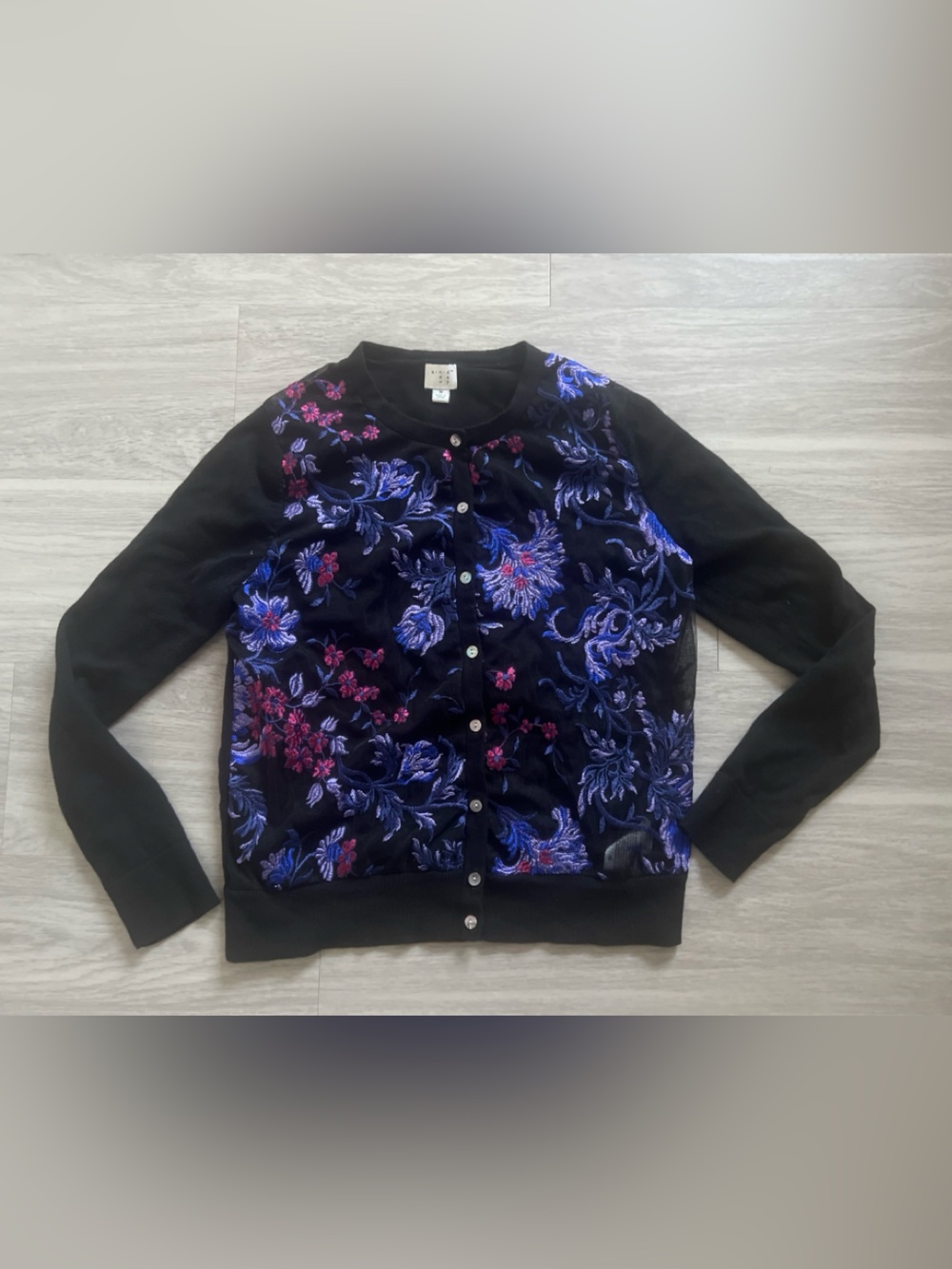 A New Day Floral Embroidered Mesh Cardigan Black Blue Purple Women’s Size M